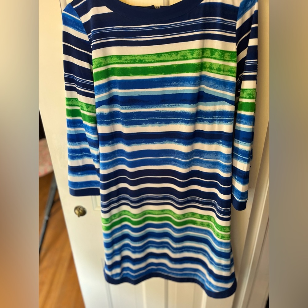 Green blue and white striped dress